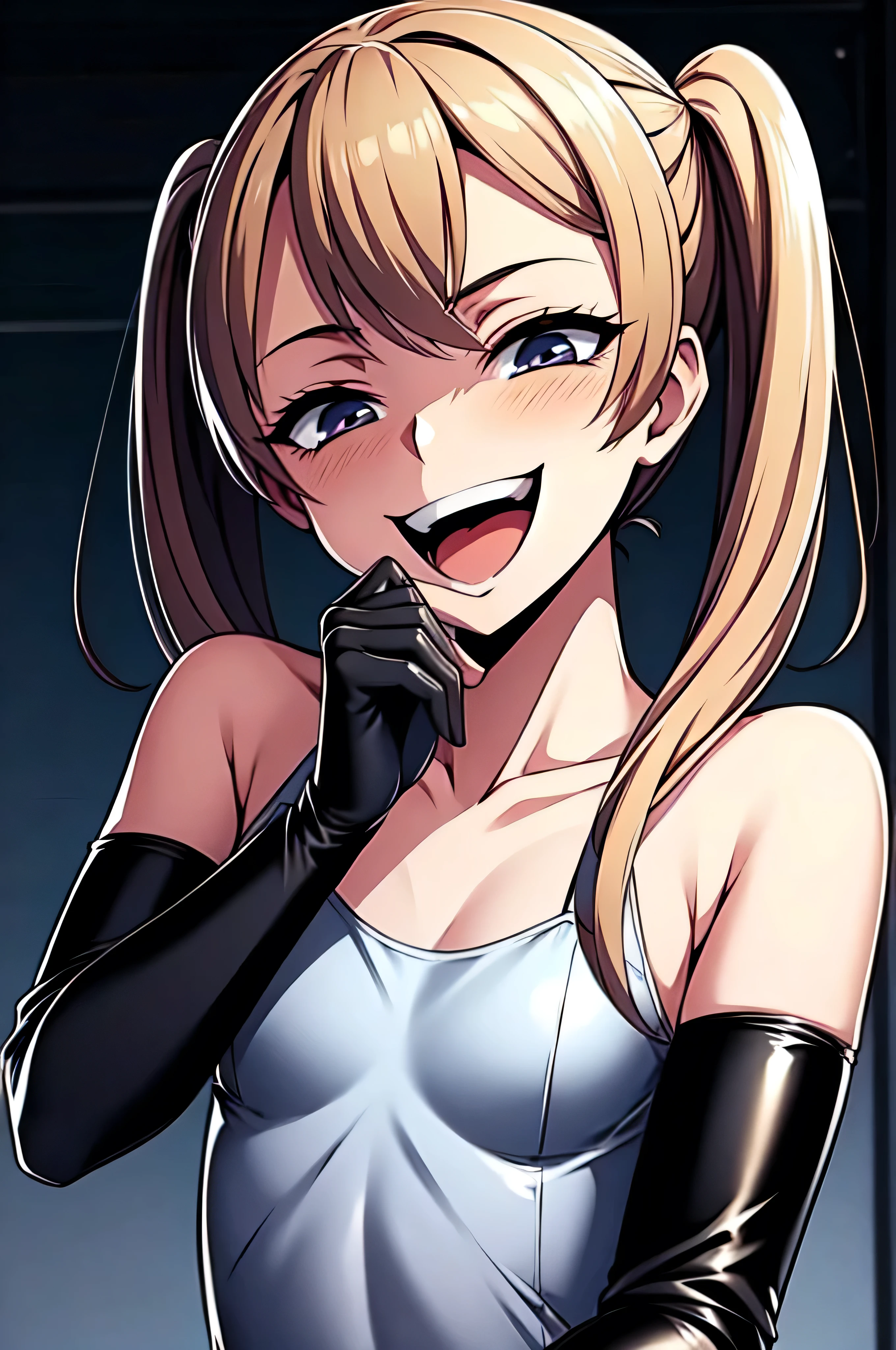 Best picture quality, 4K, 8K, High resolution, Masterpiece: 1.2), ultra detailed,,black and dark aura background,masterpiece, highest quality,best quakity, High resolution,,twintail,flat chest,sheded face,latex,elbow gloves,evil smile,sadistic,evil laugh,,small ,Shiin