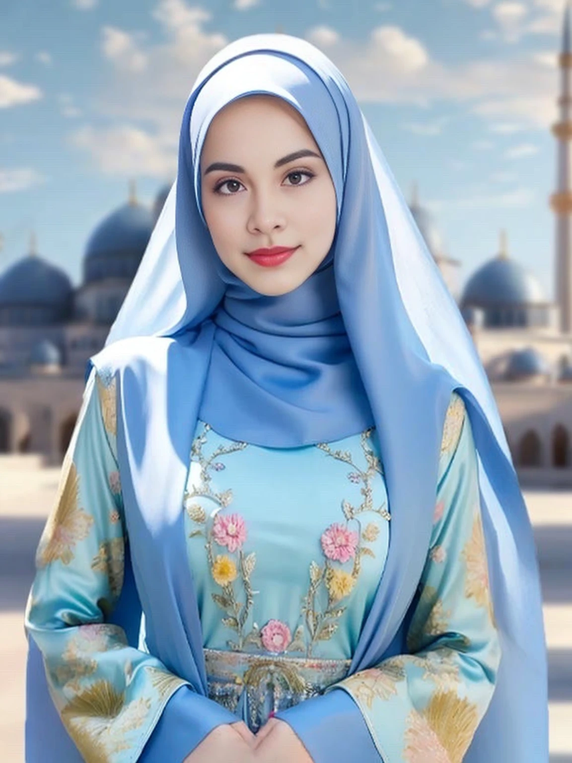 a woman in a blue hijab poses for a picture, beautiful arab woman, hijab, Muslim, Arabian beauty, beautiful iranian woman, blue sky, Arabian princess, Portrait, Inspired by Nazmi Siya Kuran, gorgeous woman, beautiful female, beautiful, amazing, Arabian princess, blue traditional dress, gorgeous woman, pastel blue, beautiful woman, beautiful oriental woman
