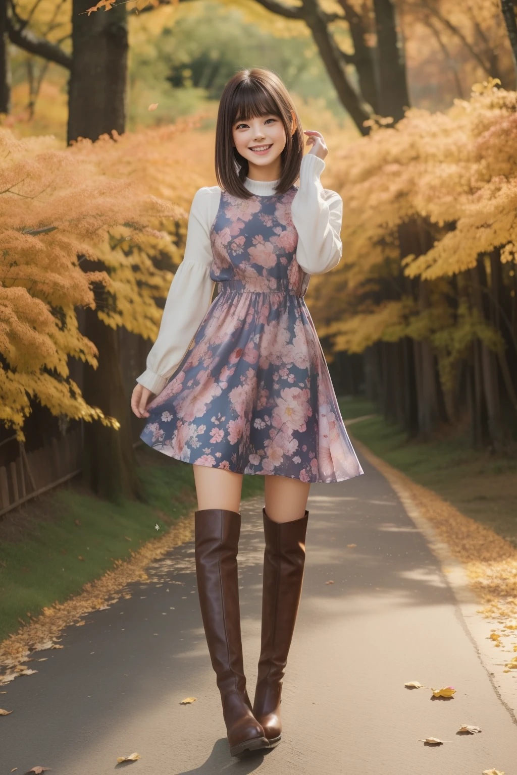 Stand in front of the photo、1girl in,Full body,a short bob,long boots,Open mouth and big smile、kawaii pose、Flowing iridescent silk、up of face、Eye Up、Colorcon with heart pattern、Floral dress、There are flowers even in front of you、flower petals、Fallen leaves and dragonflies、season!!:autumnal☀ 🍂