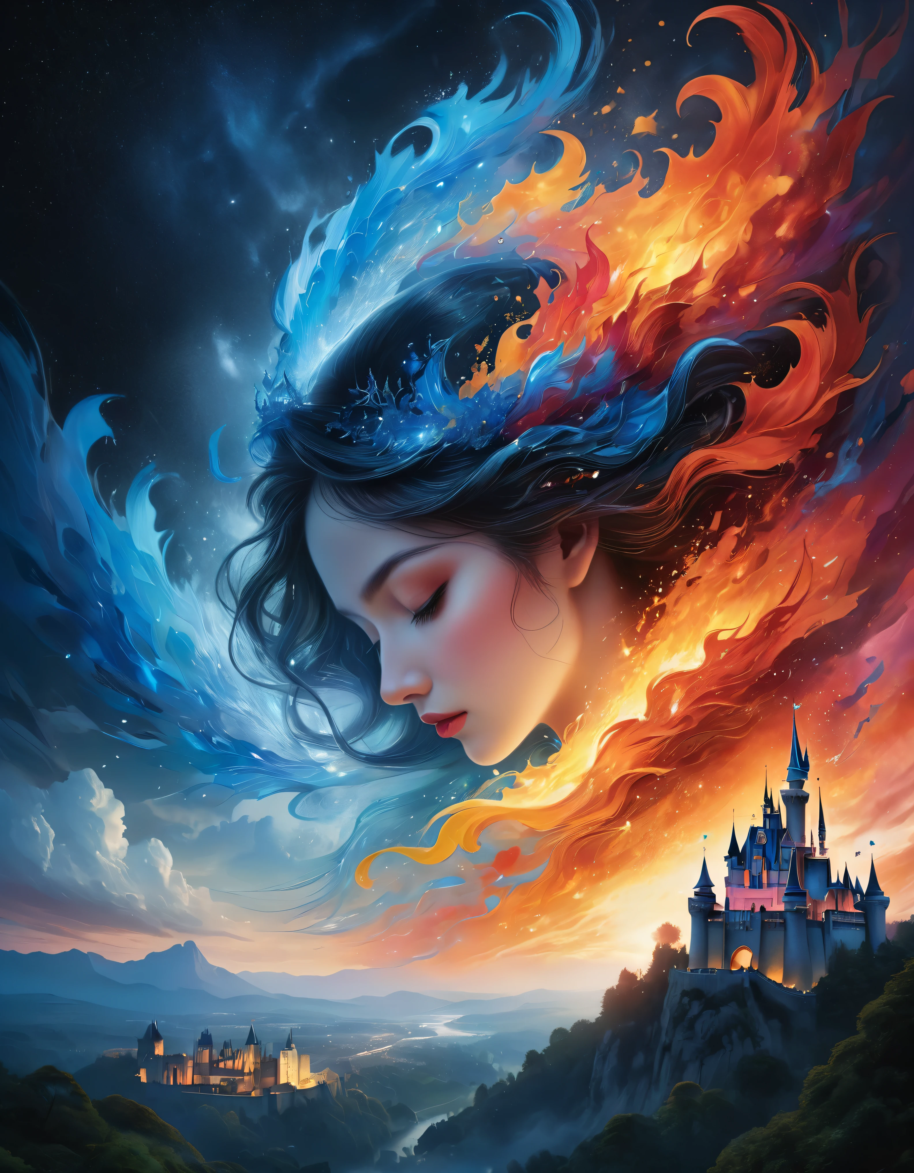 ((Masterpiece in maximum 16K resolution):1.6),((soft_color_photograpy:)1.5), ((Ultra-Detailed):1.4),((Movie-like still images and dynamic angles):1.3) | (double contact:1.3), Beautiful dream castle silhouette effect, Superimposed on Sleeping Beauty,《Sleeping Beauty Theme》, ((Sleeping beauty dream castle):1.5), Oil and ink on canvas, fine art, super dramatic light, photoillustration, amazing depth, the ultra-detailed, iridescent red, superfluous dreams, intricately details, amazing depth, Amazing atmosphere, Mesmerizing whimsical vibrant landscapes, Maximalism (beautiful outside, Ugly inside, pressure and pain, beauty and despair, hard and soft, positive and negative, hot and cold, Sweet and sour, Vibrant but boring, Perfect harmony, light and shadows, hot and cold, old and young, Fire and ice, Yin and yang, australian, Black and white, hot and cold, organic and mechanical, Corresponding color, loud and quiet, Chaos and peace, day and night:1.2) The complex masterpiece of a real-time engineering leader. | Rendered in ultra-high definition with UHD and retina quality, this masterpiece ensures anatomical correctness and textured skin with super detail. With a focus on high quality and accuracy, this award-winning portrayal captures every nuance in stunning 16k resolution, immersing viewers in its lifelike depiction. | ((perfect_composition, perfect_design, perfect_layout, perfect_detail, ultra_detailed)), ((enhance_all, fix_everything)), More Detail, Enhance.