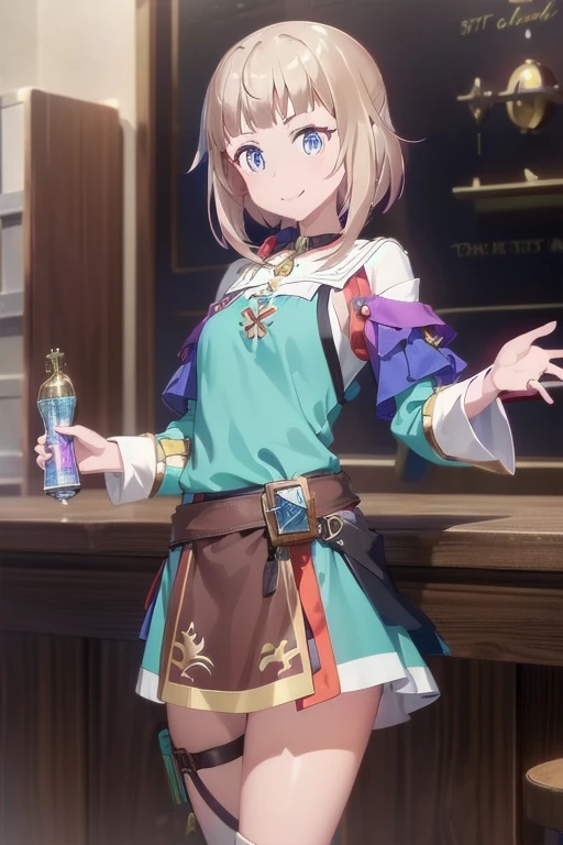 (fantasy:1.5),(anime,8k,masterpiece, top quality, best quality,beautiful and aesthetic:1.2,professional illustrasion:1.1,ultra detail:1.3,perfect lighting),extremely detailed,highest detailed,incredibly absurdres , highres, ultra detailed,intricate:1.6,(Alchemy Workshop:1.4),A girl mixing,Medicine in many small bottles,holding small potion,colorful:1.4,zentangle,(1girl),(girl),(Three kingdoms female warload),(highly detailed beautiful face and eyes,firm breasts),oily skin,((black,hair,short bob with short pony tail hair)),thin pubic hair,cute,lovely,14 years old,alchemist costume,Merchant's Clothing,smile
