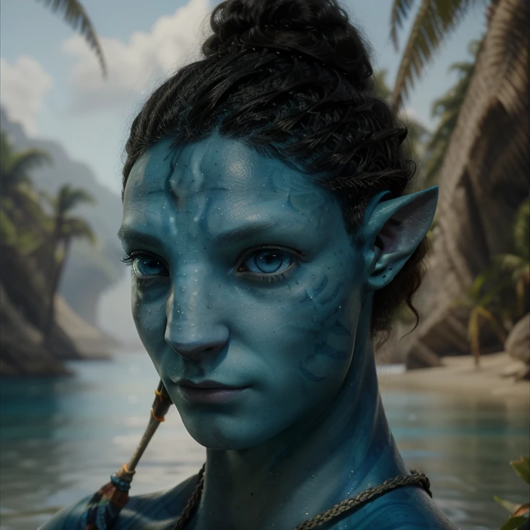 avtr:1.1, avatar style, ((face portrait:1.4)), (facing the side), 1boy, male, (AvAonung), (blue skin tone:1.0), (long curly hair in a bun hairstyle:1.0), black hair color, blue eyes, (pointy ears), (young adult), 18 years old:1, face wrinkles, wearing tribal clothing, detailed eyes, toned body, muscled body, vibrant colors, glowing, ethereal atmosphere, surrealistic dreamy lighting, textured skin, otherworldly beauty, mesmerizing photography, (best quality, highres), vivid colors, ultrarealistic, skin details, striped skin, sfw, face close-up:0.5, ultradetailed body