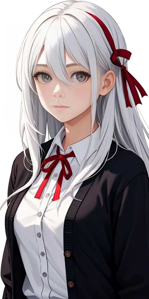 ((casual-style)), 1girl, solo, white hair, shirt, red ribbon, ribbon, looking at viewer, long hair, upper body, white eyes, white shirt, grey eyes, hair between eyes, neck ribbon, collared shirt, cardigan, closed mouth, expressionless, jacket, simple background, frills, bangs, white background, long sleeves