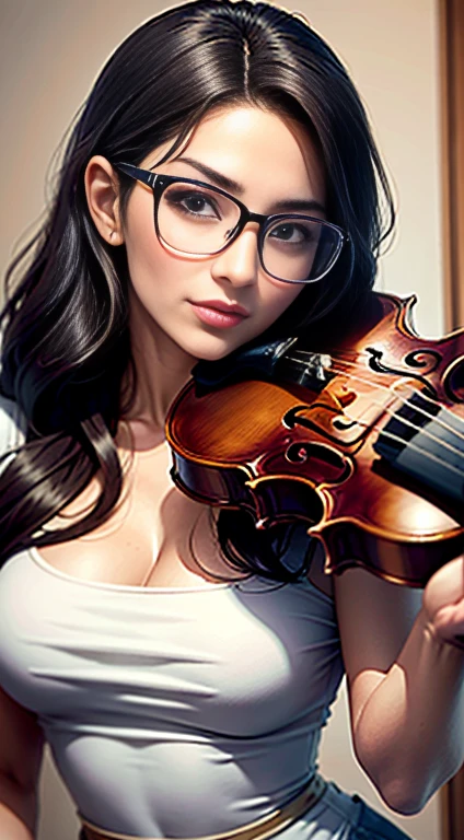 35-YEAR-OLD WOMAN WEARING LARGE GLASSES PLAYING VIOLIN, SENSUAL E CHARMOSA, GOSTOSA, LINDA, perfect symmetrical body, (((CABELOS RUIVO))), OLHOS COR BRANCO NEVE, curto, Messy hair, BATON PRETO, LINDA MULHER, ( MAIOR QUALIDADE, high resolution, 16K, SEM ERROS). Nua NSFW