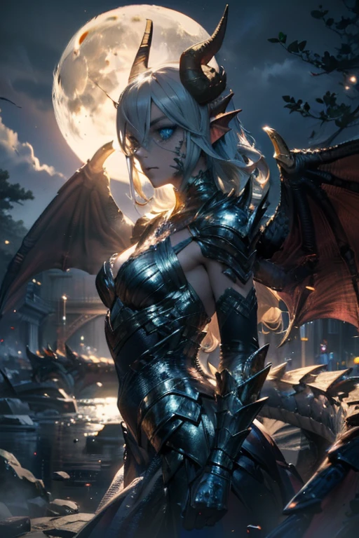 1girl, glowing dragon eyes, wavy hair, demure ornate dress, scales, scales on face, dragon wings, medium chest, dragon horns, under the moon, slender figure, scaled humanoid, (Intricate details:1.2), (Highly detailed face and eyes:1.2), makeup FX, high sharpness, high textures, (Photorealistic: 1.4), (Highly detailed)