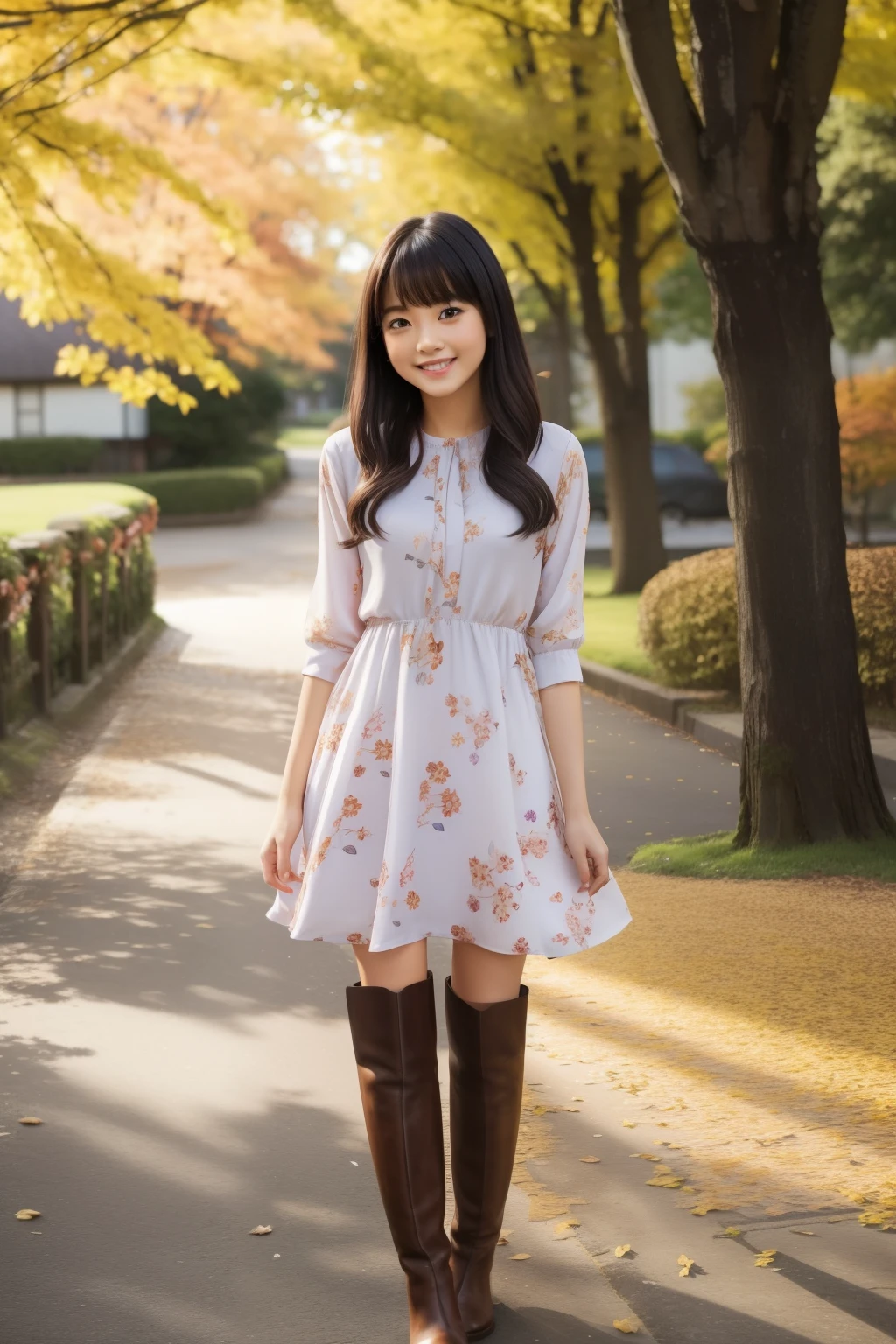 Stand in front of the photo、1girl in,Full body,a short bob,long boots,Open mouth and big smile、kawaii pose、Flowing iridescent silk、up of face、Eye Up、Colorcon with heart pattern、Floral dress、There are flowers even in front of you、flower petals、Fallen leaves and dragonflies、season!!:autumnal☀ 🍂
