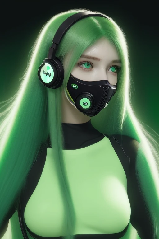 (girl with long green hair, green eyes, futuristic vibes, mouth mask, headphones, 8k, high quality, simple background, bright eyes, good pose), vivid colors, digital art, neon lighting.