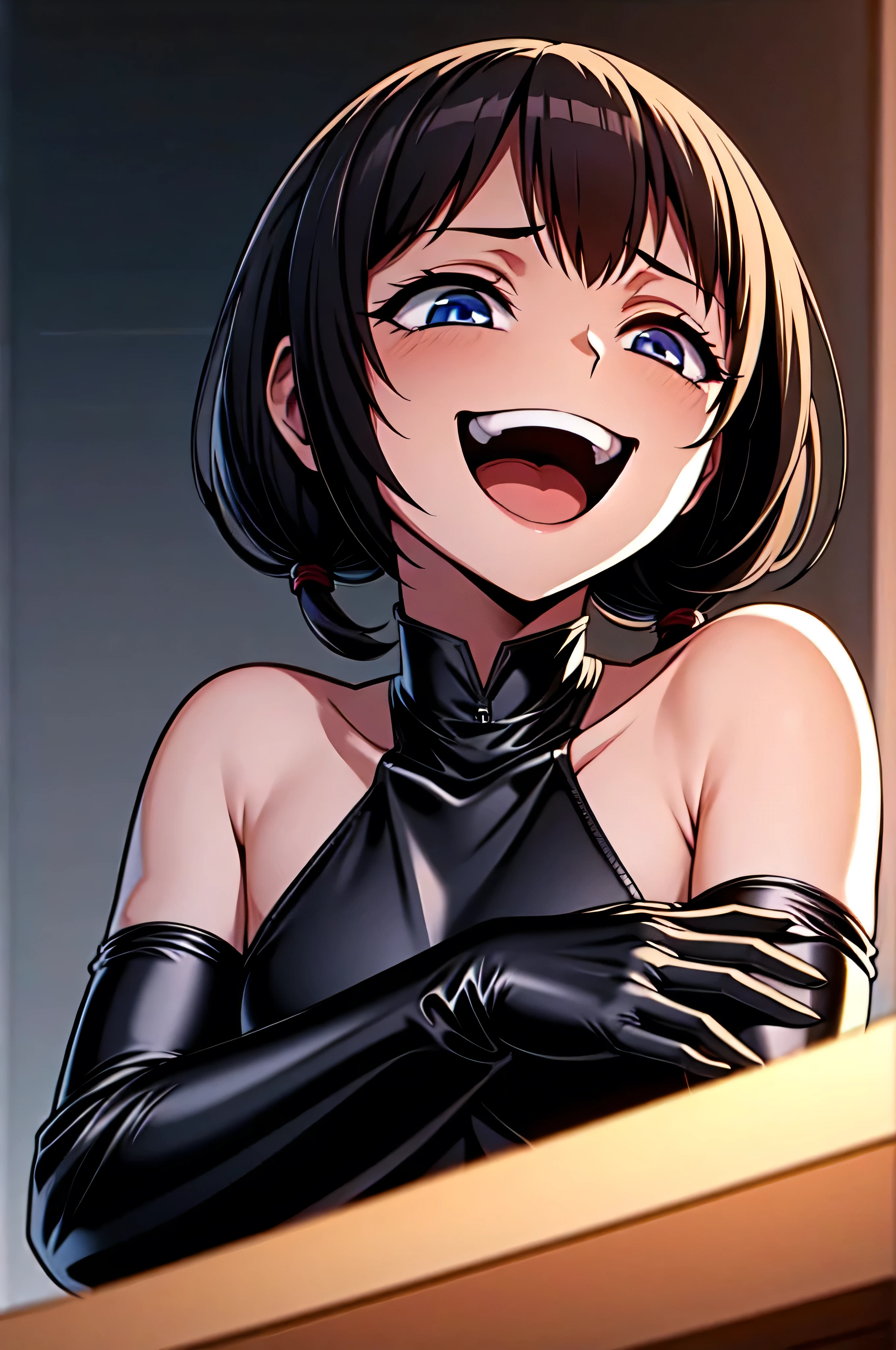 Best picture quality, 4K, 8K, High resolution, Masterpiece: 1.2), ultra detailed,,black and dark aura background,masterpiece, highest quality,best quakity, High resolution,,twintail,flat chest,sheded face,latex,elbow gloves,evil smile,sadistic,evil laugh,small girl,small ,Shiny skin