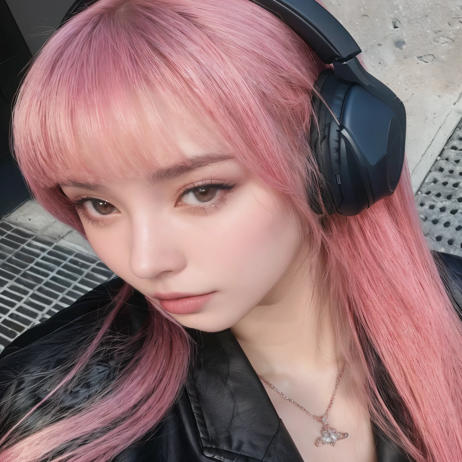 arafed woman with cabello rosado wearing headphones and a black jacket, bella delfina, with cabello rosado, el corte de hime, Cabello Liso Rosa, Cabello rosado y ojos cian., Lalisa Manobal, e-chica, and - girl, long flowing cabello rosado, flowing cabello rosado, cabello rosado, long cabello rosado, sakimichan