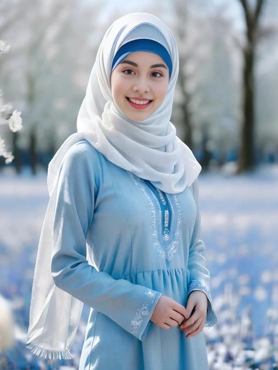 Araaf woman in a blue dress and white scarf stands in a field of flowers., white hijab, Inspired by Nazmi Siya Kuran, hijab, pastel blue, Light blue and white tones, Dilraba Dilmurat, beautiful arab woman, The background is heavenly., beautiful iranian woman, blue sky, Muslim, beautiful woman, White and light blue tones