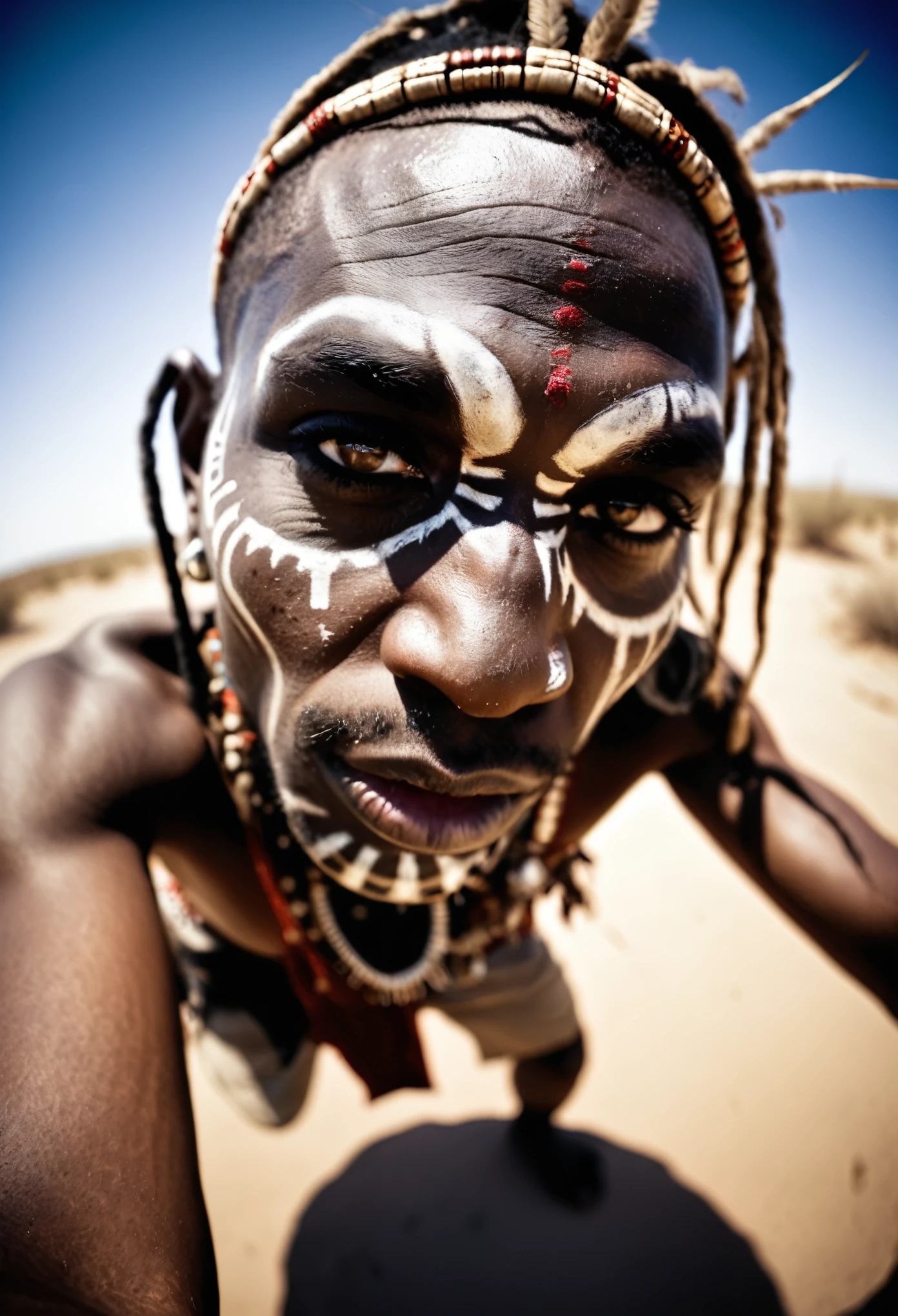 cinematic film still witch doctor leaning over the viewer,fisheye-lense-photo,tribal,desert,voodoo ritual,Ultra-HD-details . shallow depth of field, vignette, highly detailed, high budget, bokeh, cinemascope, moody, epic, gorgeous, film grain, grainy