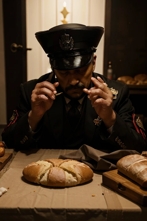 there is an emperor of evil, crafting some breads on a drug war table