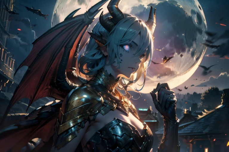1girl, glowing dragon eyes, wavy hair, demure ornate dress, scales, scales on face, dragon wings, medium chest, dragon horns, under the moon, slender figure, scaled humanoid, (Intricate details:1.2), (Highly detailed face and eyes:1.2), sharpness, textures, (Photorealistic: 1.4), (Highly detailed)