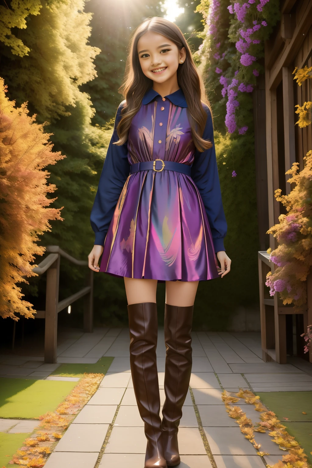 Stand in front of the photo、1girl in,Full body,a short bob,long boots,Open mouth and big smile、kawaii pose、Flowing iridescent silk、up of face、Eye Up、Colorcon with heart pattern、Floral dress、There are flowers even in front of you、flower petals、Fallen leaves and dragonflies、season!!:autumnal☀ 🍂