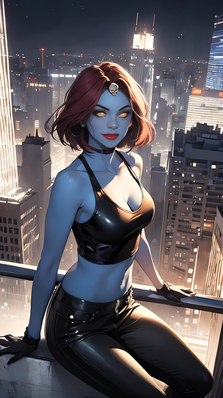 (Highly quality, masterpiece, detailed), night city detailed scenario, night city detailed background, 20 years old girl, solo, mystique, yellow sclera, blue skin, forehead jewel, cleavage, tank top, black shirt, bare shoulders, black gloves, midriff, black pants, evil smile, colored skin, sitting on top of a building, X-Men, no Pupils on eyes, navel, perfect face, beautiful eyes, perfect eyes, looking at the viewer, Sexy pose