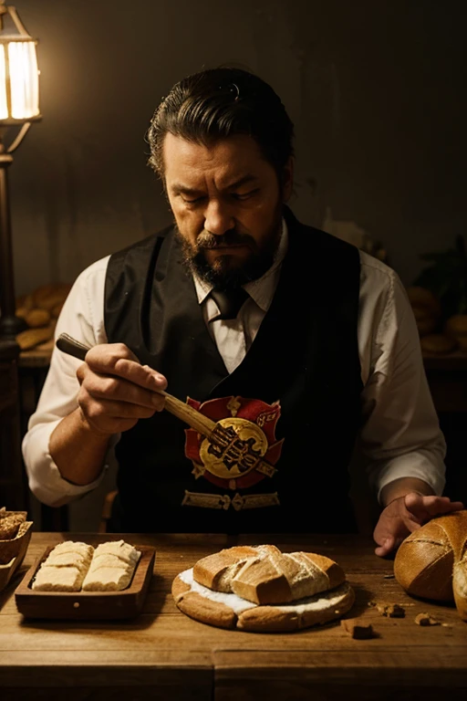 there is an emperor of evil, crafting some breads on a drug war table