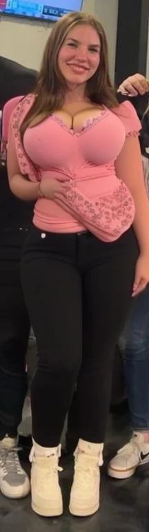 Arafed girl in pink shirts and black pants posing for a picture, large thighs, widest hips, skinny waist and thick hips, wide hips, 2 4 year old female model, smallest waistline ever, large hips, her hand is on her waist, insanely inflated hips, her belly is fat and round, she has a jiggly fat round belly, Big tits, huge tits , no clothes, sexy, cute, wide hips, thick thighs, pear-shaped body, minimal clothes, thick, bbw, chubby stomach, thick nipples, nipple piercings, large areola, hard nipples, piercing through shirt, nipples hard through shirt, muscular, strong, thick hips, minimal clothes, work out girl, low cut v neck shirt, cleavage, deep cleavage, fat stomach