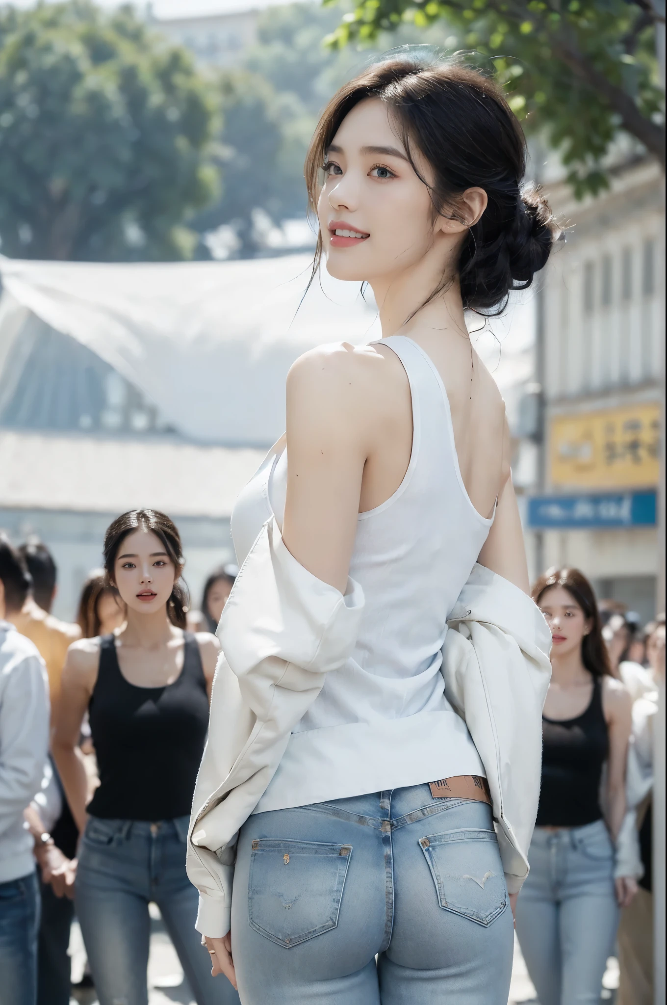 (Mai Shiraishi, white turtleneck, sleeveless, long white dress, denim shot, back shot, rear view, looking forward,(Piazza dei Miracoli background,crowd), navel, arched back, arms up, dark brown very short hair, huge breasts, standing))), (((masterpiece, best quality, highly detailed, absurd, RAW photos, super high resolution)))), highly detailed face and skin texture, detailed eyes, sharp focus, young beautiful girl in Asia, fair skin, real human skin, oval face, pores, gentle and goddess-like eyes, lip gloss, eyelashes, glossy face, wide illumination, natural shadow, small waist, slim body, slight smile, clear facial features, beautiful face, double eyelids, drooping eyes,