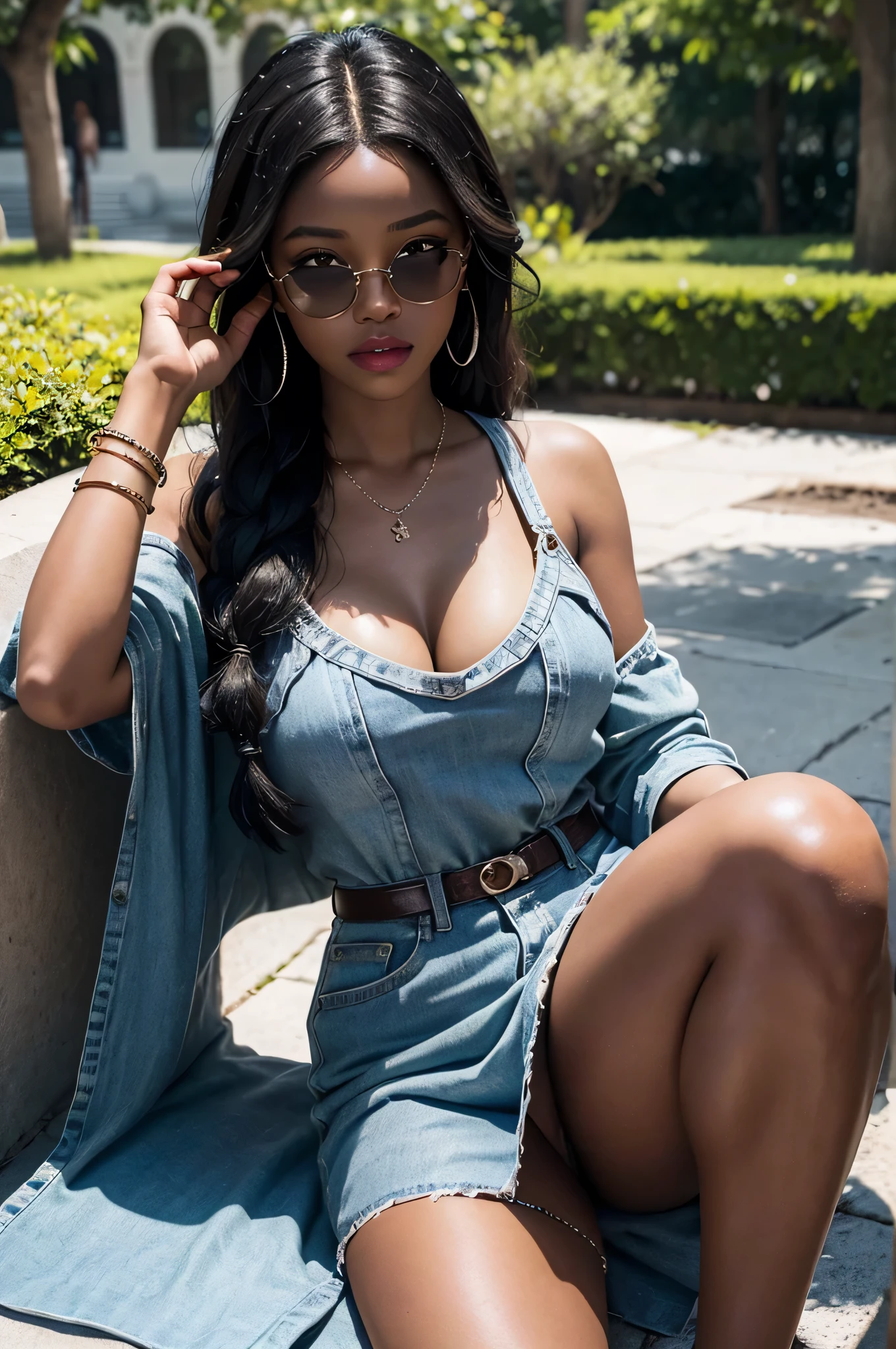 A black woman with dark skin is the main subject of the portrait. Her hair is styled in elaborate copper braided hair, shining beautifully. Her smooth skin is flawlessly highlighted, and she has a mole on her cheek that adds a touch of charm. She has luscious, juicy red lips that stand out. Her makeup gives her a stunning baddie look, enhancing her natural beauty. She is dressed in a stylish street outfit, reflecting her unique personality. Her body has an hourglass shape, making her figure alluring and voluptuous. The woman wears black sunglasses that add an element of mystery to her appearance. She has a piercing, which adds an edgy and rebellious vibe. Additionally, she has angel fangs that peek out when she smiles, giving her an intriguing and ethereal quality. Her silver accessories, such as necklaces, bracelets, and rings, complement her overall look and add a touch of glamour. The portrait is set in a park scenario. The lush greenery creates a serene and natural backdrop for the woman. The lighting is softly diffused, highlighting her features and creating a flattering atmosphere. The color palette is rich and vibrant, with warm tones that accentuate her dark skin and the overall mood of the portrait. This prompt ensures the best quality, with a focus on ultra-detailed and realistic representation. The level of detail in the artwork will be akin to a masterpiece, with high resolution (4K, 8K) that captures every intricate element. The portrait will have a photorealistic touch, making it appear as if it were a photograph brought to life. Overall, this prompt aims to create a powerful and captivating portrait of a black woman with a unique style and alluring features.