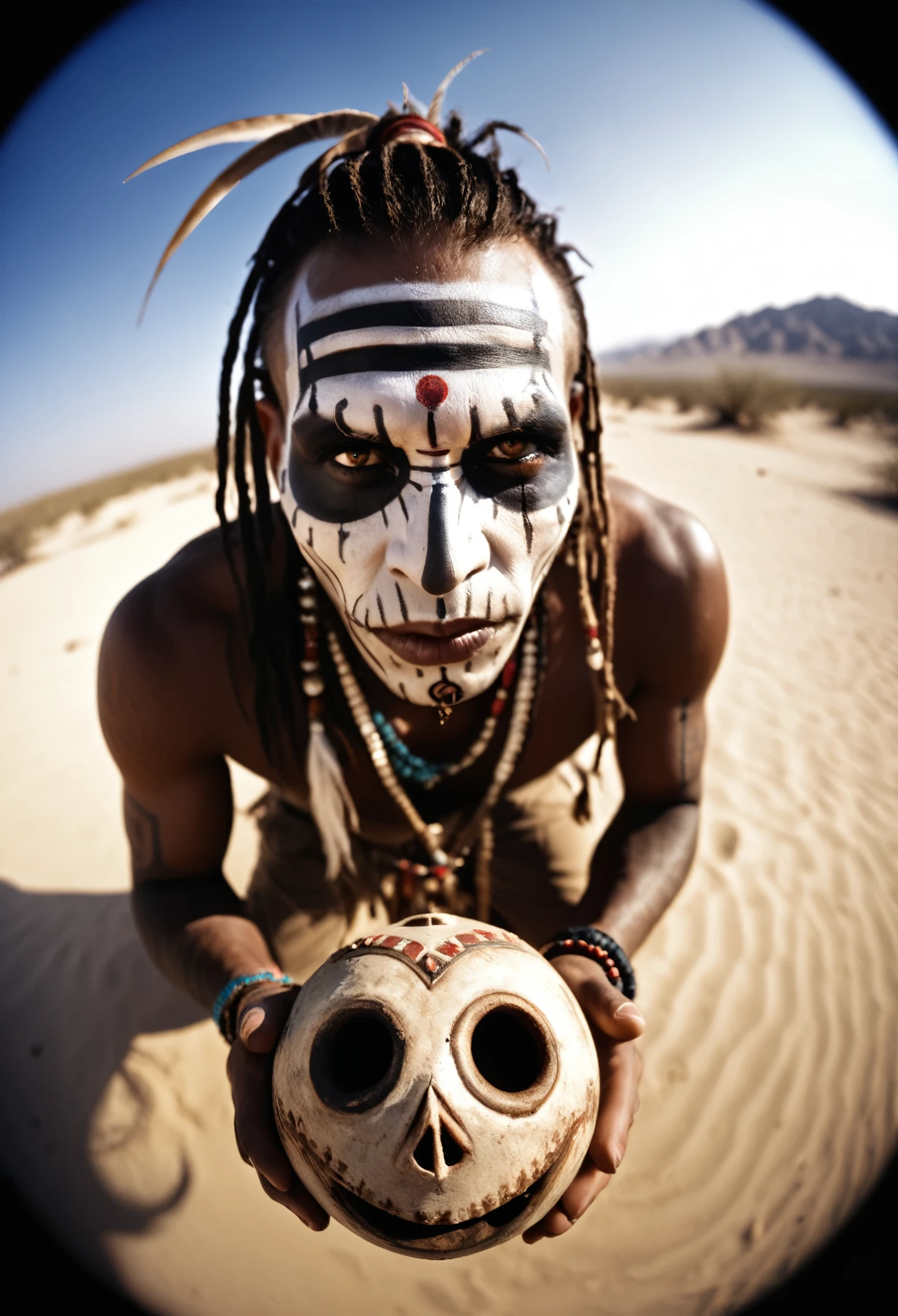 cinematic film still witch doctor leaning over the viewer,fisheye-lense-photo,tribal,desert,voodoo ritual,Ultra-HD-details . shallow depth of field, vignette, highly detailed, high budget, bokeh, cinemascope, moody, epic, gorgeous, film grain, grainy