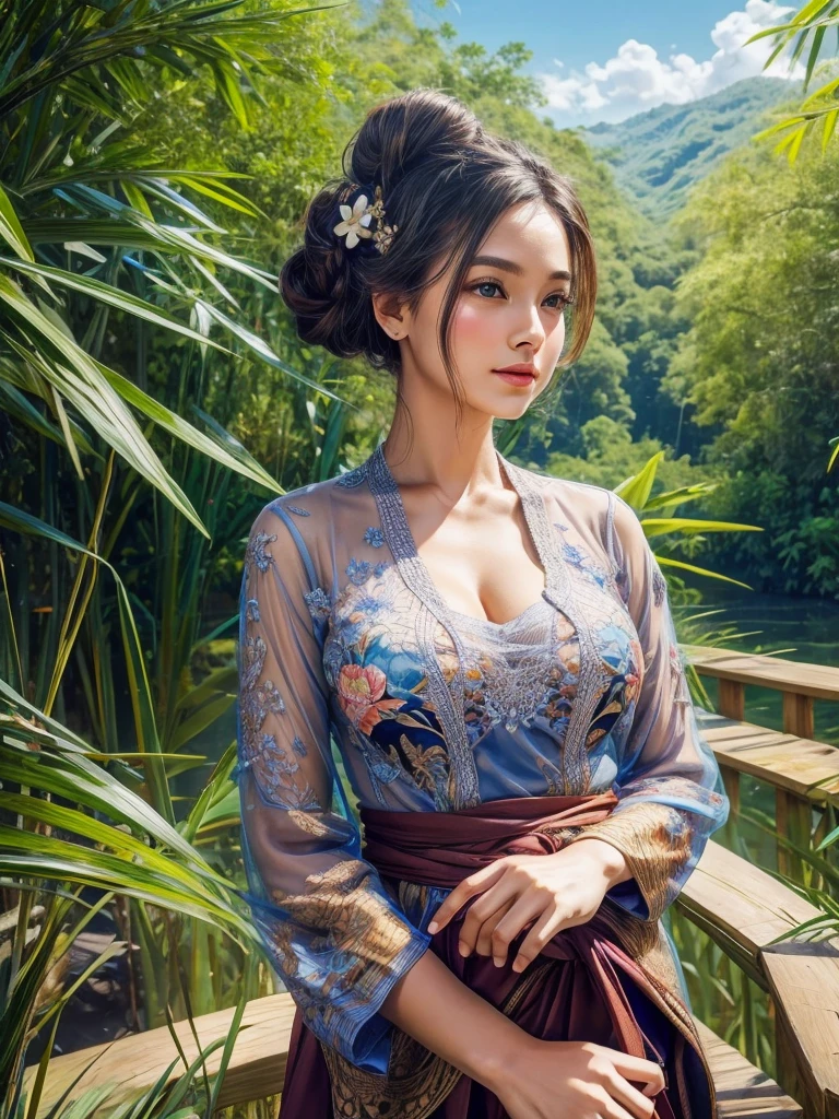 Gorgeous alluring curvy seducing [Dutch:Sundanese:0.75] peasant woman donning a semi transparent mediocre tight and thin kebaya dress and tight batik long skirt, simple messy bun hairdo with small beautiful flowers in her hair, European look, perfect eyes, perfect face, insanely detailed and intricate terraced rice field background with bamboo forest and coconut plantation in a far distance, a vibrant beautiful flower bush in foreground, oil on canvas painting, realistic style, heavily influenced by Don Lawrence photorealistic brush stroke style