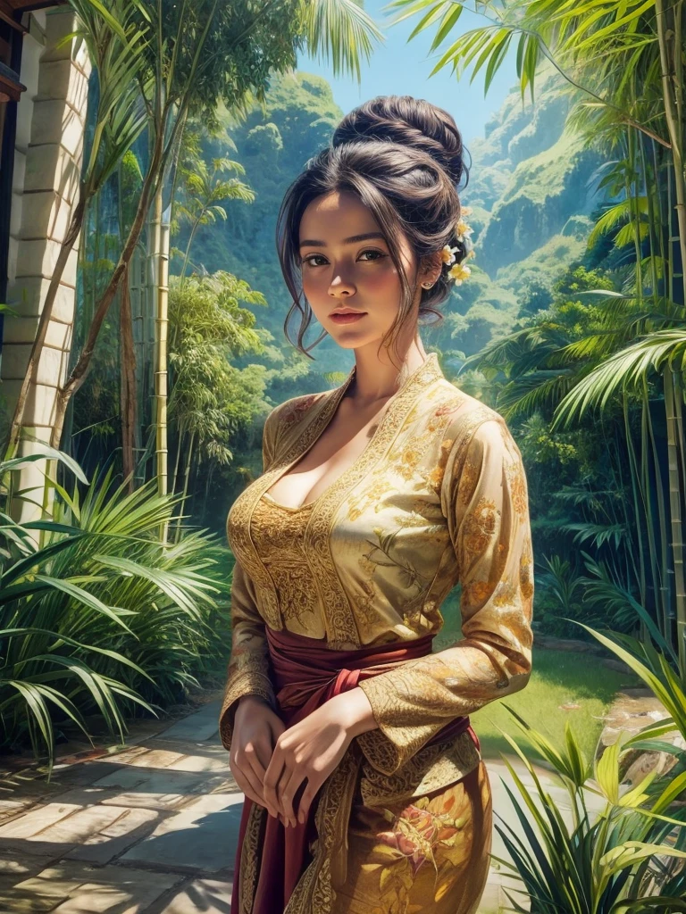 Gorgeous alluring curvy seducing [Dutch:Sundanese:0.75] peasant woman donning a semi transparent mediocre tight and thin kebaya dress and tight batik long skirt, simple messy bun hairdo with small beautiful flowers in her hair, European look, perfect eyes, perfect face, insanely detailed and intricate terraced rice field background with bamboo forest and coconut plantation in a far distance, a vibrant beautiful flower bush in foreground, oil on canvas painting, realistic style, heavily influenced by Don Lawrence photorealistic brush stroke style