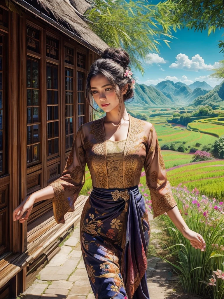 Gorgeous alluring curvy seducing [Dutch:Sundanese:0.75] peasant woman donning a semi transparent mediocre tight and thin kebaya dress and tight batik long skirt, simple messy bun hairdo with small beautiful flowers in her hair, European look, perfect eyes, perfect face, insanely detailed and intricate terraced rice field background with bamboo forest and coconut plantation in a far distance, a vibrant beautiful flower bush in foreground, oil on canvas painting, realistic style, heavily influenced by Don Lawrence photorealistic brush stroke style