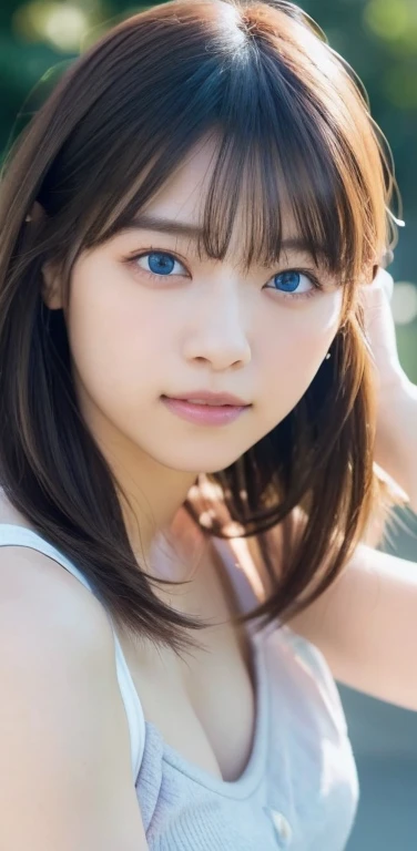 highest quality, Ultra-high resolution, (Realistic: 1.4), (highest quality, masterpiece:1.3, Ultra-high resolution),Head to knee photo、 (Very detailed, Caustics, 8k), (Realistic:1.4, RAW shooting), (I'm looking at the camera with a smile on my face), (Large Breasts:1.2), Bust up shot, (Pink micro mini skirt)、Voluptuous thighs、street, Face Focus, Natural light, Backlight, Lens flare, Professional Writing, beautiful Eyes, Super beautiful, Very short hair, beautiful, spouse, (White Rough Chest T-Shirt), beautiful Soldier, Eyes that beckon, spouseの視点, Attractive look, Sexy smile, Perfect Style, Perfect balance, Detailed skin, Mischievous Gaze, (Odd Eye、Blue eyes and green eyes)、I can see your chest