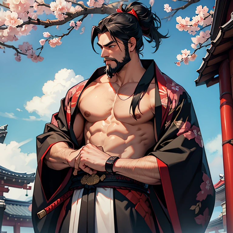 Samurai, kimono, muscle, sword, japanese, sakura, beard, shogun, topless,