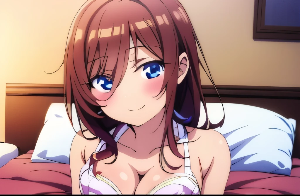 ((masterpiece)), ((best quality)), (ultra-detailed), anime style, on the bed, a cute girl, 1girl, solo, smile, underwear00