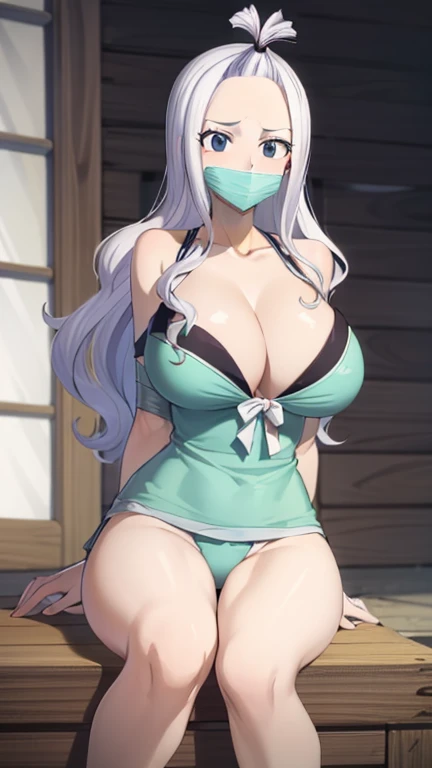 Mirajane, natural lighting, masterpiece, highly detailed, illustration, game CG, absurdres, high quality, aichan, large breasts, beautiful detailed eyes, short, (tape gag), (tape bound), (arms bound), (legs bound:1.2), eyes wide, shocked, surprised, collarbone, sitting, (knees bent), mirajane has a huge ass, Mirajane is bikini, mirajane has huge tits