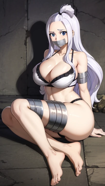 Mirajane, natural lighting, masterpiece, highly detailed, illustration, game CG, absurdres, high quality, aichan, large breasts, beautiful detailed eyes, short, (tape gag), (tape bound), (arms bound), (legs bound:1.2), eyes wide, shocked, surprised, collarbone, sitting, (knees bent), mirajane has a huge ass, Mirajane is bikini, mirajane has huge tits 