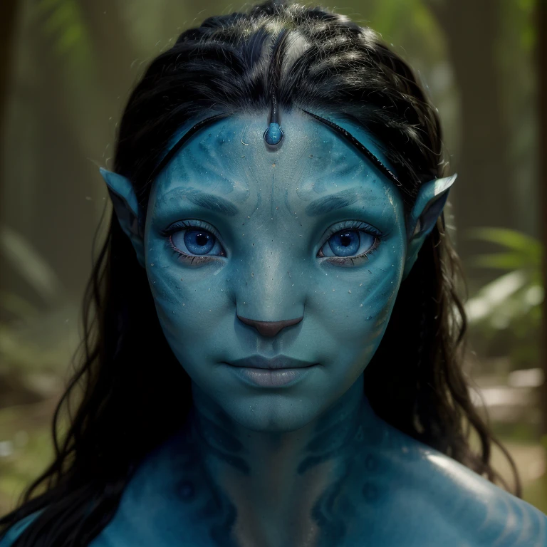 avtr:1.1, avatar style, ((face portrait:1.6)), 1girl, female, (AvTsireya), (blue skin tone:1.0), (long curly hair:1.0), black hair color, blue eyes, (young adult), 18 years old:1, face wrinkles, wearing tribal clothing, detailed eyes, toned body, muscled body, vibrant colors, glowing, ethereal atmosphere, surrealistic dreamy lighting, textured skin, otherworldly beauty, mesmerizing photography, (best quality, highres), vivid colors, ultrarealistic, skin details, striped skin, sfw, face close-up:0.5, ultradetailed body