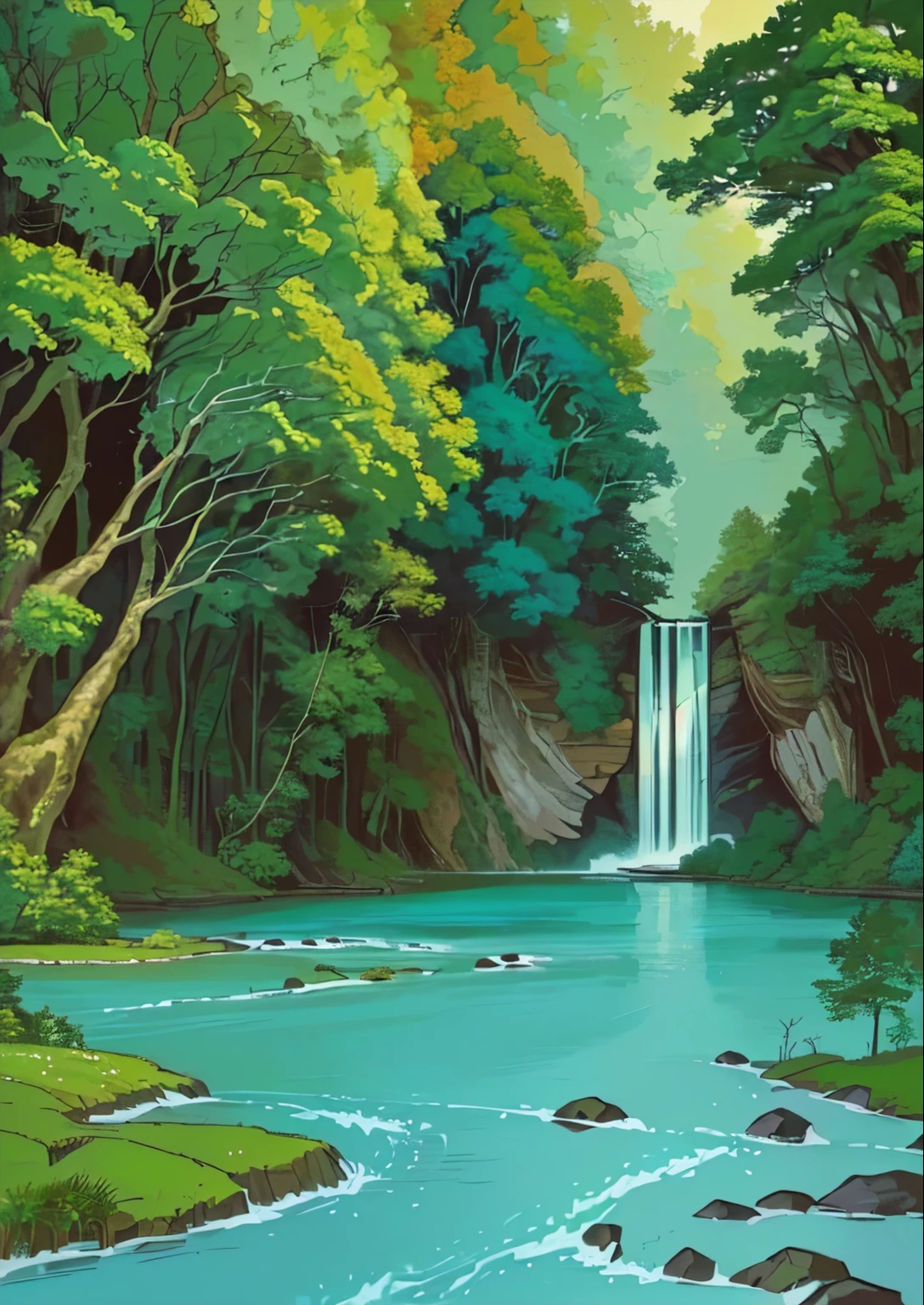 there is a picture of a painting of a river and trees, forest and river, with trees and rivers, landscape illustration, forest with lake, . background: jungle river, forest setting, forest and waterfall, river in a forest, random forest landscape, with trees and waterfalls, detailed trees and cliffs, woodland background, wooded environment, animation still, an abstract tropical landscape