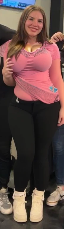 Arafed girl in pink shirts and black pants posing for a picture, large thighs, widest hips, skinny waist and thick hips, wide hips, 2 4 year old female model, smallest waistline ever, large hips, her hand is on her waist, insanely inflated hips, her belly is fat and round, she has a jiggly fat round belly, Big tits, huge tits, no clothes, sexy, cute, wide hips, thick thighs, pear-shaped body, minimal clothes, thick, bbw, chubby stomach, thick nipples, nipple piercings, large areola, hard nipples, piercing through shirt, nipples hard through shirt, muscular, strong, thick hips, minimal clothes, work out girl, low cut v neck shirt with cleavage, fat chubby stomach