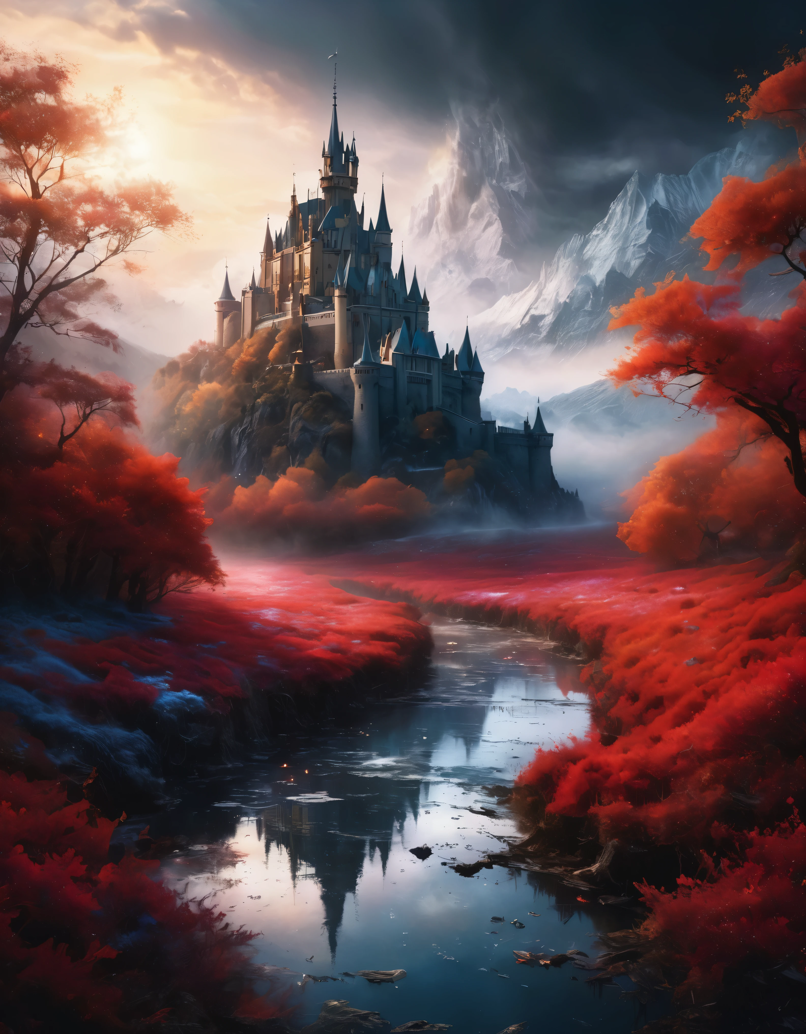 ((Masterpiece in maximum 16K resolution):1.6),((soft_color_photograpy:)1.5), ((Ultra-Detailed):1.4),((Movie-like still images and dynamic angles):1.3) | (double contact:1.3), Beautiful dream castle silhouette effect, Superimposed on Sleeping Beauty,《Sleeping Beauty Theme》Agnes Cecile, Jeremy Mann, Oil and ink on canvas, fine art, super dramatic light, photoillustration, amazing depth, the ultra-detailed, iridescent red, superfluous dreams, intricately details, amazing depth, Amazing atmosphere, Mesmerizing whimsical vibrant landscapes, Maximalism (beautiful outside, Ugly inside, pressure and pain, beauty and despair, hard and soft, positive and negative, hot and cold, Sweet and sour, Vibrant but boring, Perfect harmony, light and shadows, hot and cold, old and young, Fire and ice, Yin and yang, australian, Black and white, hot and cold, organic and mechanical, Corresponding color, loud and quiet, Chaos and peace, day and night:1.2) The complex masterpiece of a real-time engineering leader. | Rendered in ultra-high definition with UHD and retina quality, this masterpiece ensures anatomical correctness and textured skin with super detail. With a focus on high quality and accuracy, this award-winning portrayal captures every nuance in stunning 16k resolution, immersing viewers in its lifelike depiction. | ((perfect_composition, perfect_design, perfect_layout, perfect_detail, ultra_detailed)), ((enhance_all, fix_everything)), More Detail, Enhance.