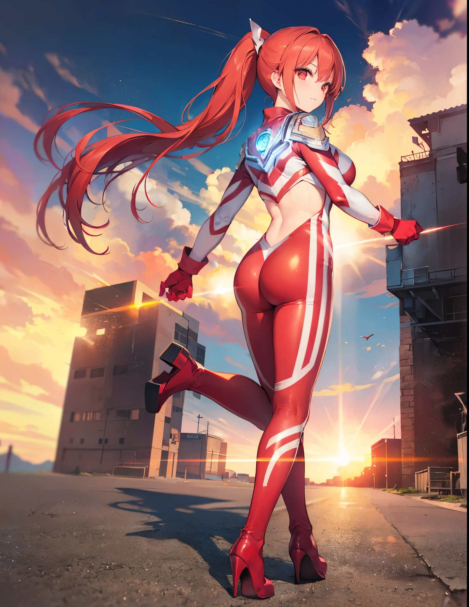 Realistic,highest quality, Ultra Detail, High-quality CG rendering, The most delicate and beautiful, Floating softly, High resolution, (1 girl), (Highest quality,4K,8K,masterpiece:1.2),(All red hair:1.5), (ponytail:1.5),(Red eyes:1.5), (Ultra Girl:1.0), (Red Ultraman bodysuit:1.4),(Slightly larger breasts:1.5),(Clenched Fist:1.2),(Turn your back to your audience:1.3),Ass(Red gloves:1.3),(Red Shoes:1.3) ,(whole body:1.3)