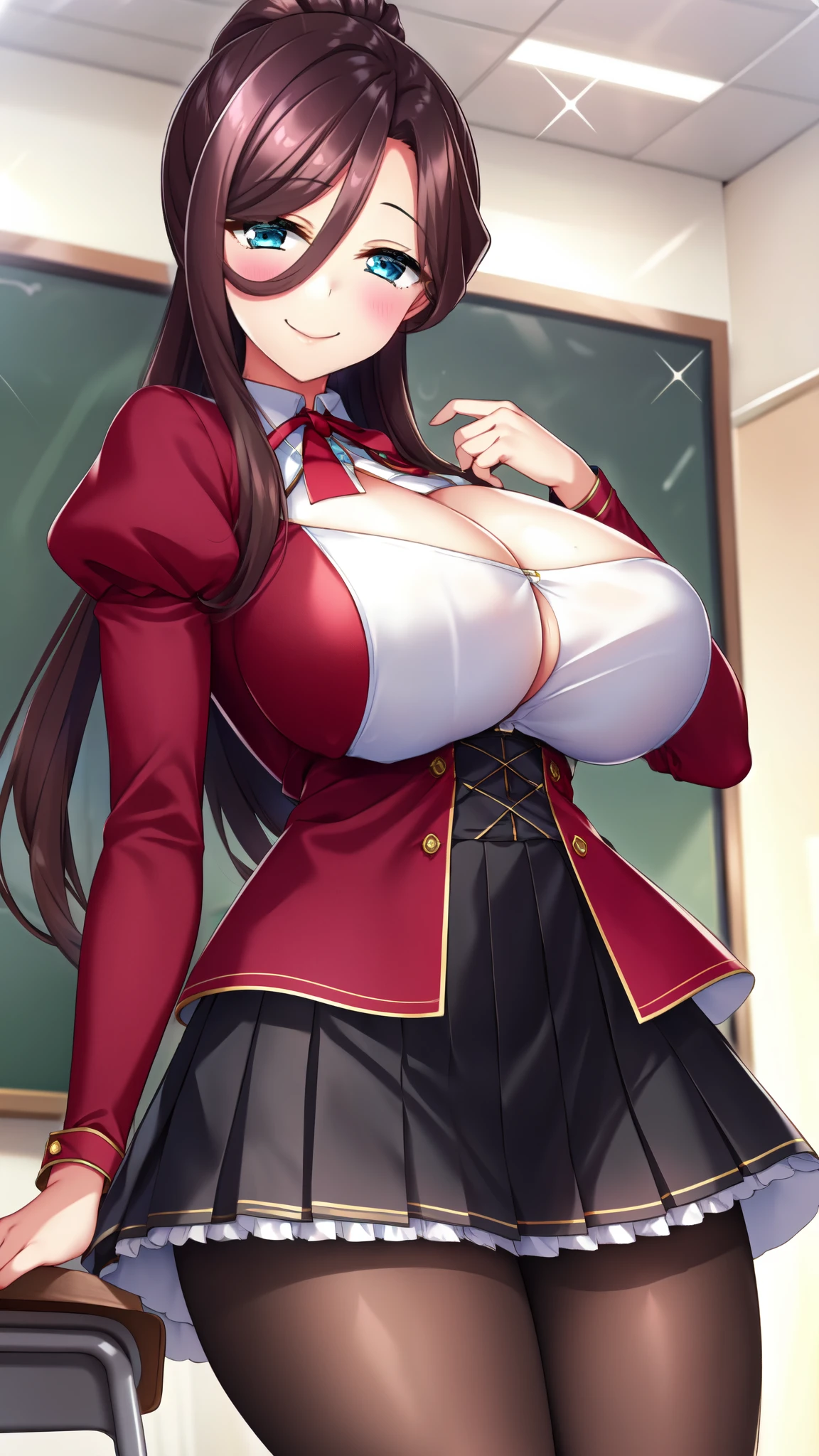 closed mouth, smile, 1girl, solo, long hair, skirt, classroom, long sleeves, red jacket, white shirt, cleavage, brown hair, blue eyes, ponytail, pantyhose, pleated skirt, puffy sleeves, black skirt, large breasts, , juliet sleeves,
