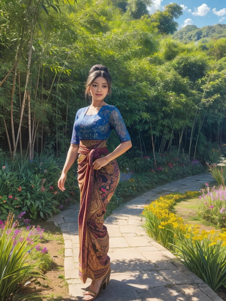 Gorgeous alluring curvy seducing [Dutch:Sundanese:0.75] peasant woman donning a semi transparent mediocre tight and thin kebaya dress and tight batik long skirt, simple messy bun hairdo with small beautiful flowers in her hair, European look, perfect eyes, perfect face, insanely detailed and intricate terraced rice field background with bamboo forest and coconut plantation in a far distance, a vibrant beautiful flower bush in foreground, oil on canvas painting, realistic style, heavily influenced by Don Lawrence photorealistic brush stroke style