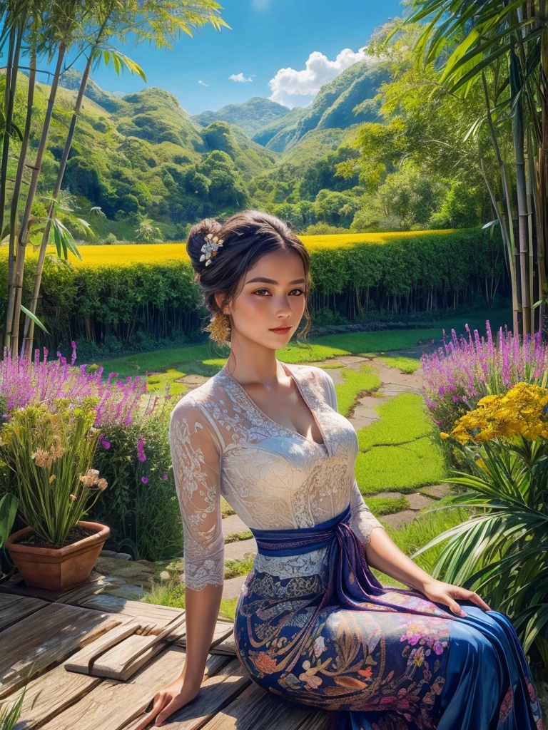 Gorgeous alluring curvy seducing [Dutch:Sundanese:0.75] peasant woman donning a semi transparent mediocre tight and thin kebaya dress and tight batik long skirt, simple messy bun hairdo with small beautiful flowers in her hair, European look, perfect eyes, perfect face, insanely detailed and intricate terraced rice field background with bamboo forest and coconut plantation in a far distance, a vibrant beautiful flower bush in foreground, oil on canvas painting, realistic style, heavily influenced by Don Lawrence photorealistic brush stroke style