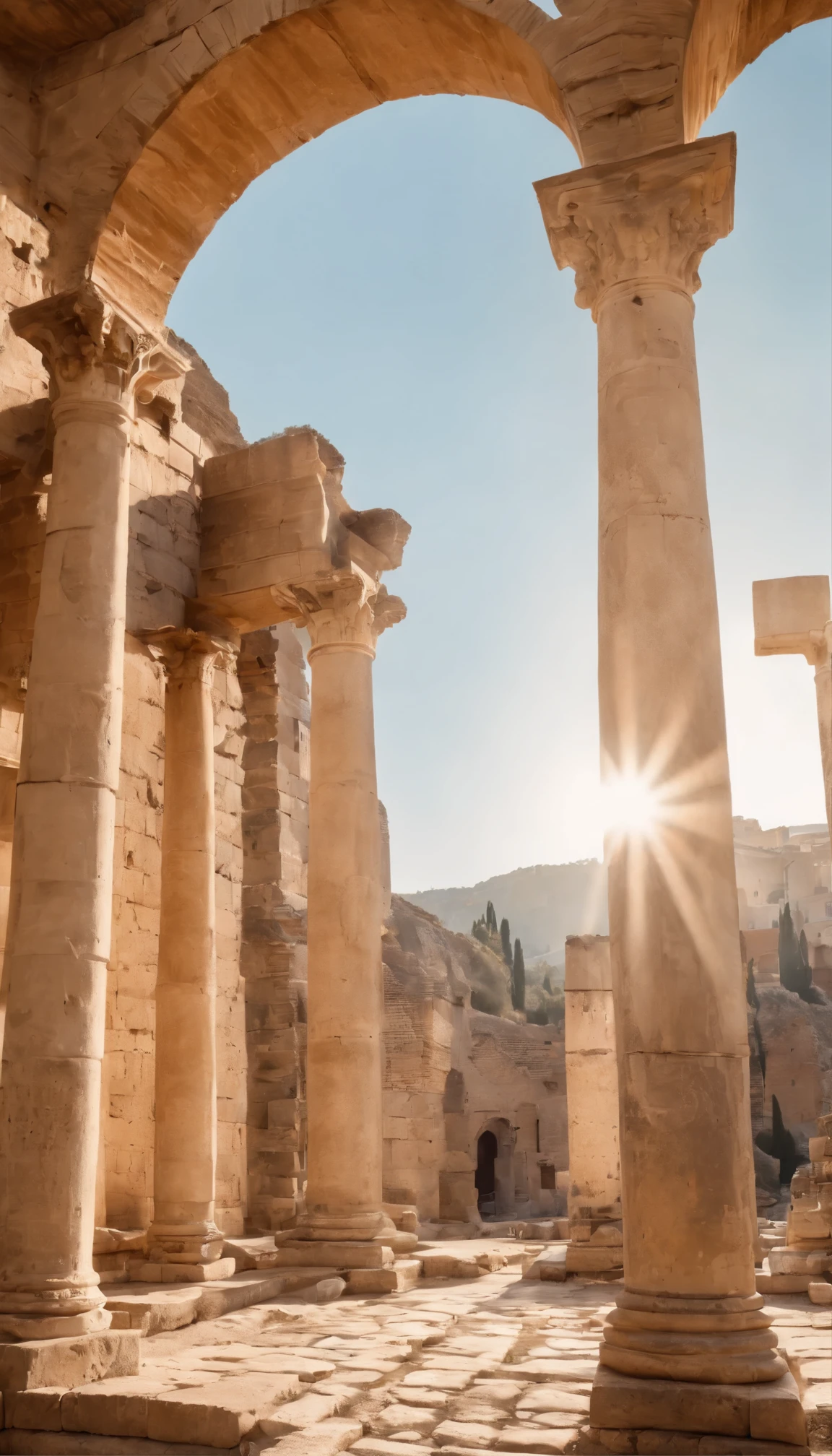 with high definition images、The sunlight gently caresses the ancient Colosseum、Explore the awe-inspiring ruins of a Greek city。The warmth of the sun illuminates the intricately carved marble columns.、Casting a long shadow on the ancient cobblestone street。Faded frescoes and intricate mosaics、It tells the story of a civilization long ago.。Marvel at the scale and grandeur of this architectural marvel.、Travel back in time to ancient glory。