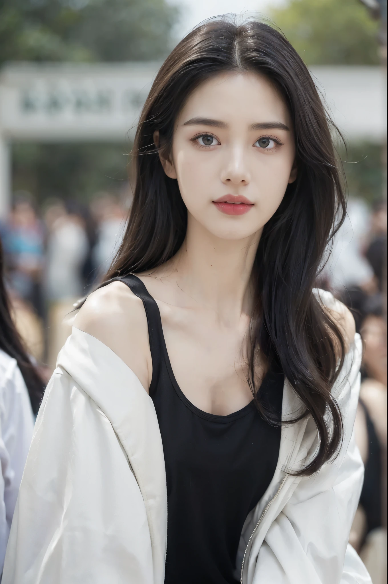 (Extremely meticulous CG),(((8k))),wallpaper,(Portrait above the chest:1.3),((Extremely refined and beautiful)),(((Masterpiece))),(((best qualtiy))),(((Ultra High Resolution))),beautiful light up,realistic shaded,(Smooth and flawless fair skin:1.5),(Extremely exquisite facial details:1.2),(ultra-detailed:1.5),((a beautiful girl,solo)),(medium straight bob hair:1.2),(wet hair:1.3),(small head:1.2),(slender face:1.2),(Exquisite makeup:1.3),(happy:1.2),(laughing:1.2),(perfect body:1.1),(white jacket:1.5),(black tank top:1.5),(shoulder off:1.3),((slim,thin)),(small breasts:1.2),(flat chests:1.2),(from front:1.3),(standing:1.3),(at the schoolgate:1.3),(outdoor:1.2),(spring:1.3),(day scene:1.5),(cloudy:1.3),(surrounded by crowded crowds:1.5),(close-up of face:1.3)