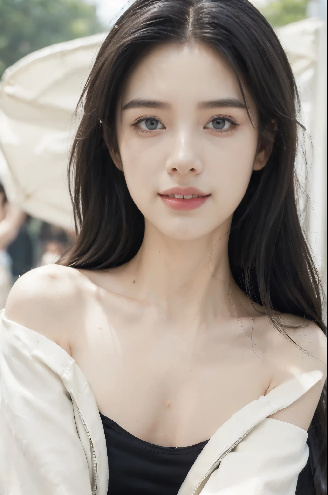 (Extremely meticulous CG),(((8k))),wallpaper,(Portrait above the chest:1.3),((Extremely refined and beautiful)),(((Masterpiece))),(((best qualtiy))),(((Ultra High Resolution))),beautiful light up,realistic shaded,(Smooth and flawless fair skin:1.5),(Extremely exquisite facial details:1.2),(ultra-detailed:1.5),((a beautiful girl,solo)),(medium straight bob hair:1.2),(wet hair:1.3),(small head:1.2),(slender face:1.2),(Exquisite makeup:1.3),(happy:1.2),(laughing:1.2),(perfect body:1.1),(white jacket:1.5),(strapless black tank top:1.5),(shoulder off:1.3),((slim,thin)),(small breasts:1.2),(flat chests:1.2),(from front:1.3),(standing:1.3),(at the schoolgate:1.3),(outdoor:1.2),(spring:1.3),(day scene:1.5),(cloudy:1.3),(surrounded by crowded crowds:1.5),(close-up of face:1.3)
