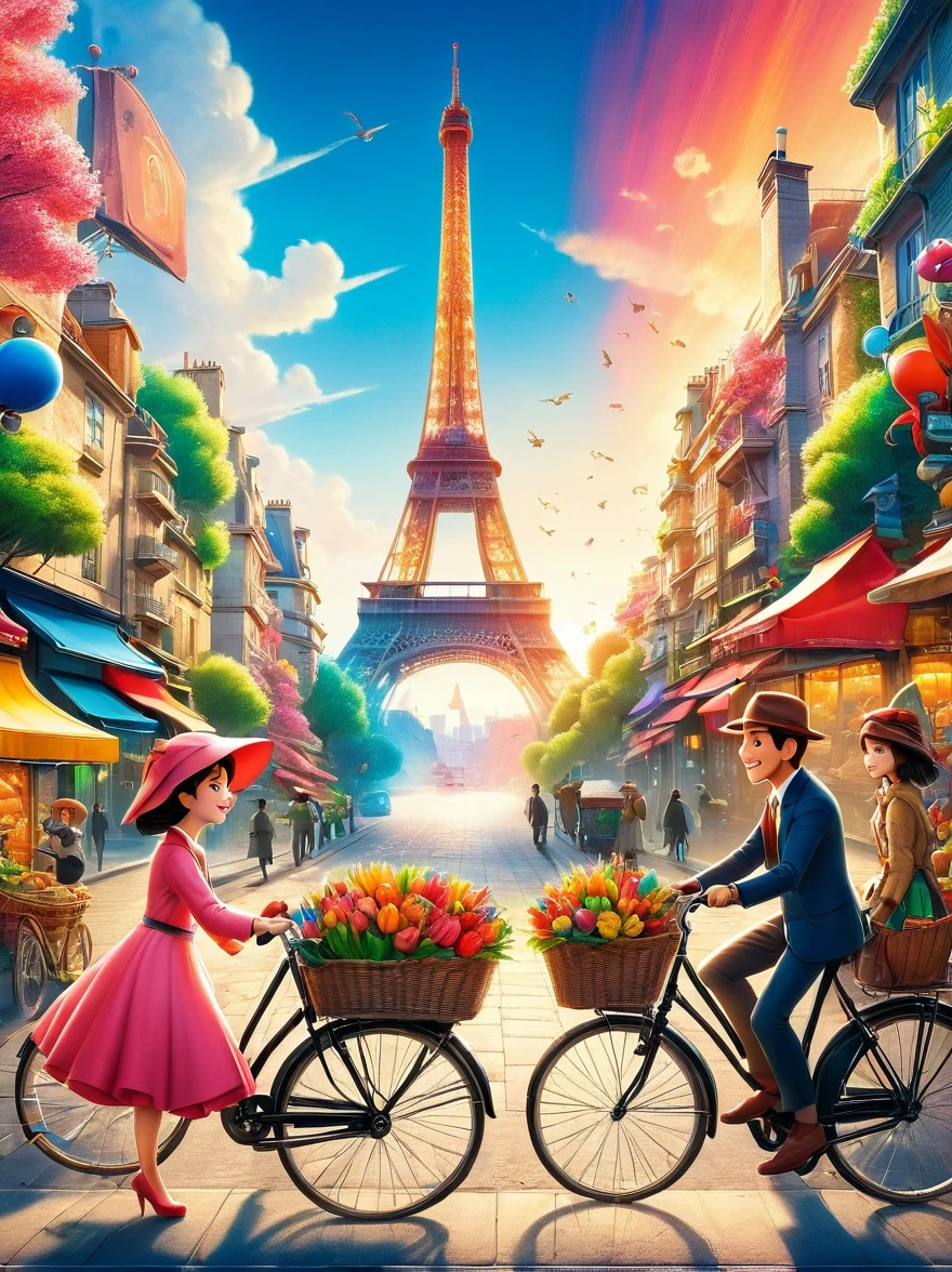 Tokyo no lado esquerdo e Paris no lado direito da imagem,with features inspired by Pixar in a very colorful way