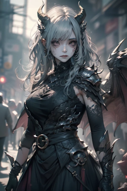 1girl, glowing dragon eyes, wavy hair, demure ornate dress, scales, scales on face, dragon wings, dragon horns, slender figure, scaled humanoid, looking at camera, (Intricate details:1.2), (Highly detailed face and eyes:1.2), sharpness, textures, (Photorealistic: 1.4), (Highly detailed)