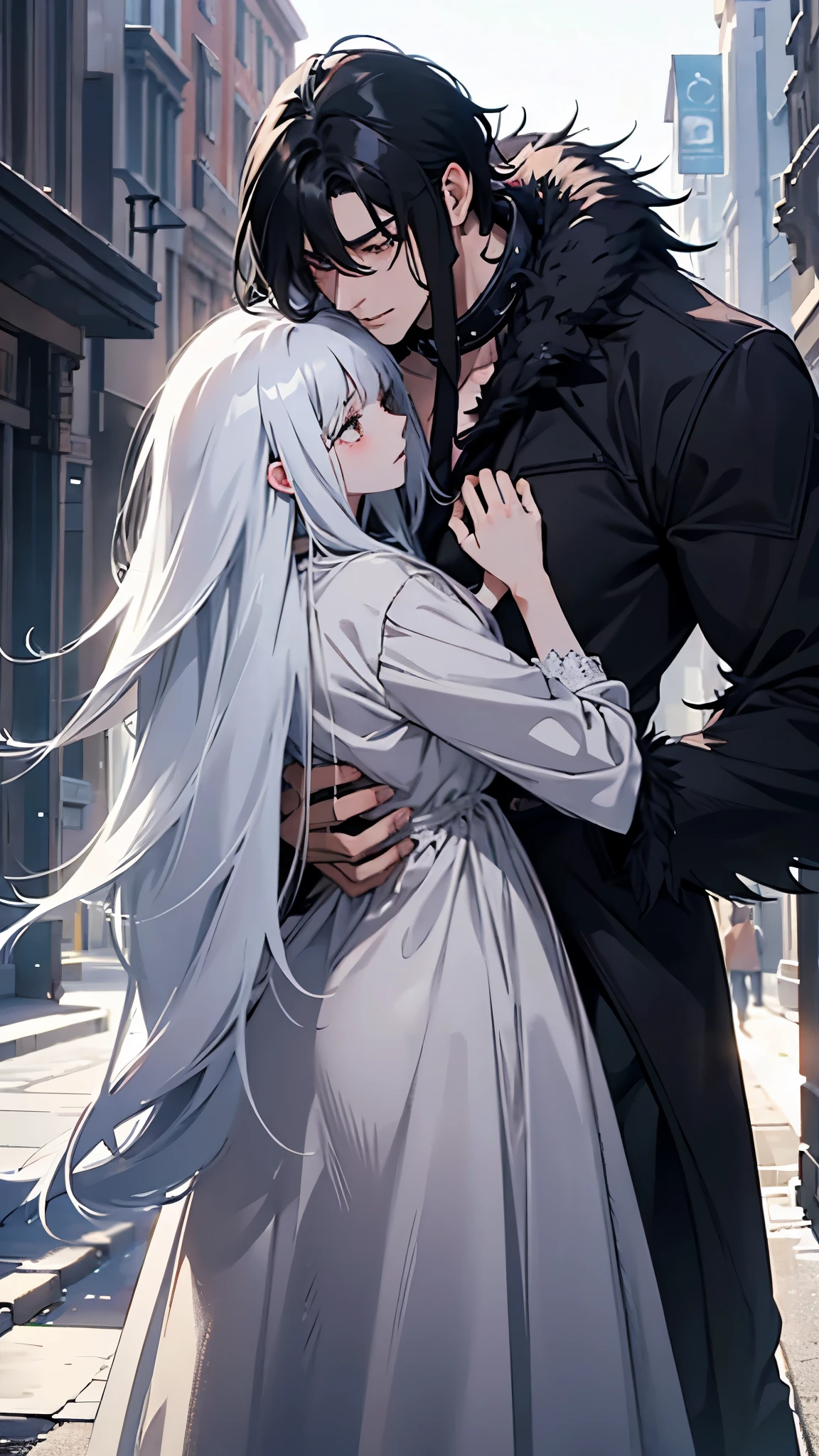 Black Hair Bob Girl、Big white furry wolf、A love story between a werewolf and a human girl、A werewolf is hugging a girl、Height difference、Wolf-like furry beastman