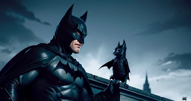 Imagine Batman in a Gotham City night scene, his cape billowing as he stands atop a gargoyle. The dark environment and the moonlight highlight his striking features: the determined look behind the mask, the details of the costume, the defined muscles. Draw this iconic scene using just 6B pencils, capturing all the intensity and realism of the Dark Knight in black and white.