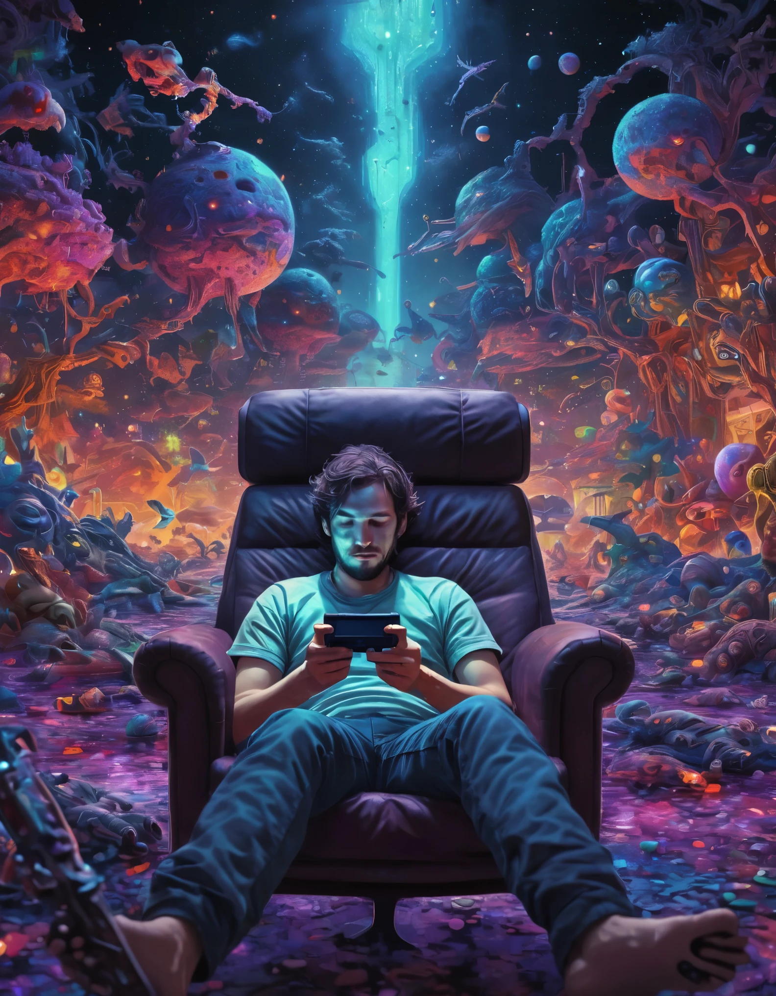 "Experience the ultimate escape from reality with this visually stunning illustration. A man, seemingly undead, lounges in a state of bliss as he plays his 3ds. The level of detail in this zoomed-in, full body shot is unmatched, with every pixel and color carefully crafted to create an otherworldly atmosphere. Get lost in the cosmic colors and intricate rendering of this technological paradise."