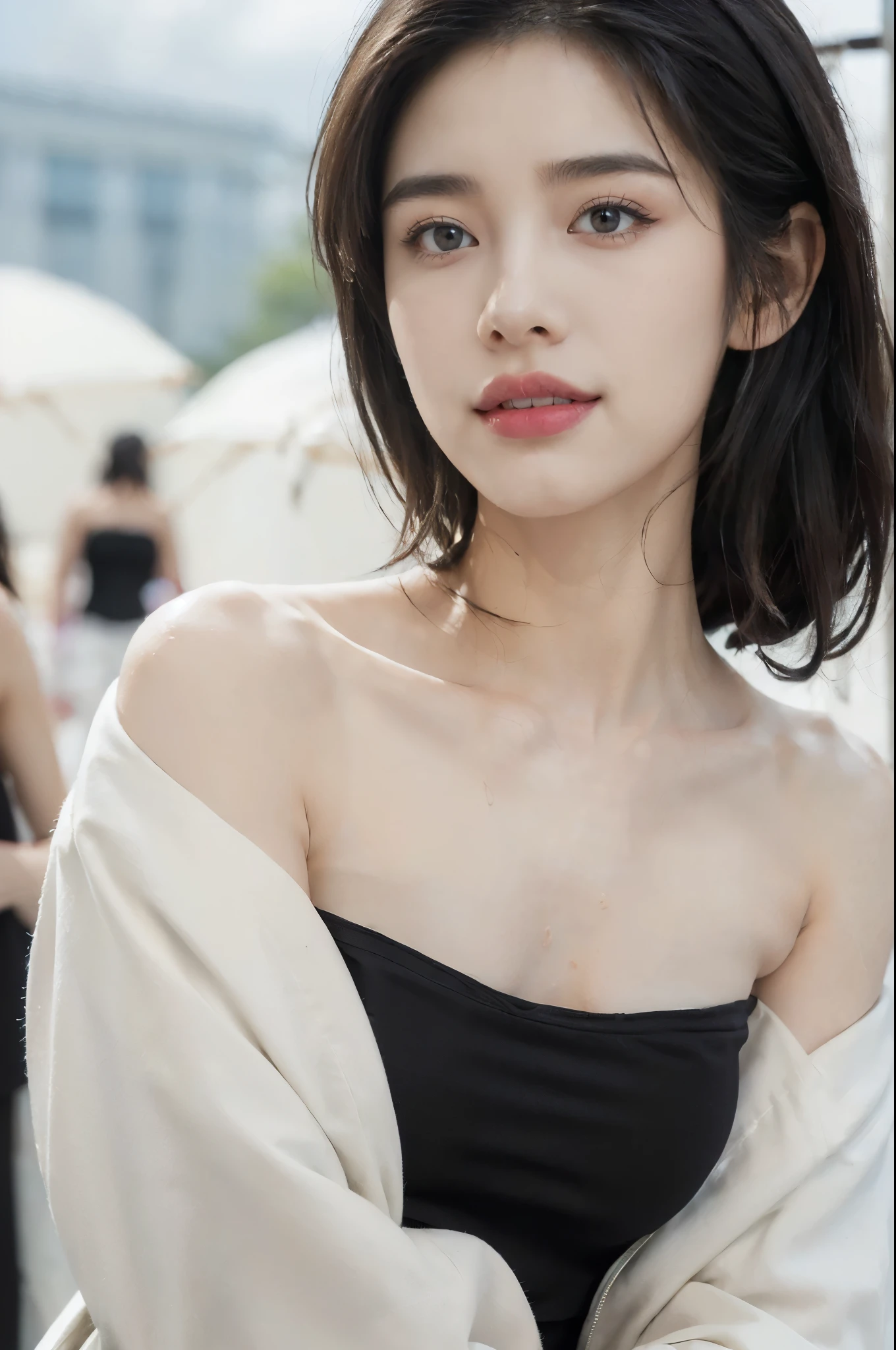 Film portrait photography, 1 girl, bare shoulders,lipstick,(flat chest:1.4), Shoulder length wavy hair, wear necklace,scarf,earrings,short sleeves,serene, calm, (Realistic and detailed eyes, natural skin texture, Realistic facial details), Soft dramatic lighting, depth of field, Bokeh, big breasts,Areola,split,cleavage,Vibrant details, Detailed and detailed, surreal, 35mm film, hazy, ,
