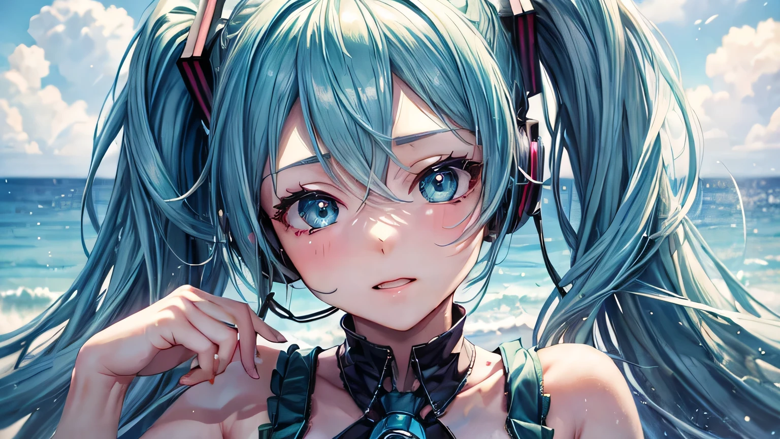 (oil, masterpiece, highest quality, Super detailed, Focus on the characters), Hatsune Miku，Headphones，Detailed facial expression depiction，Detailed hair depiction,([return:0.8]|[ face facing returnwards:1.1]), Super big breasts,sling bikini([Summer Sea Scenario:1.2]|[ ground:1.3]| [High Contrast:1.1])  